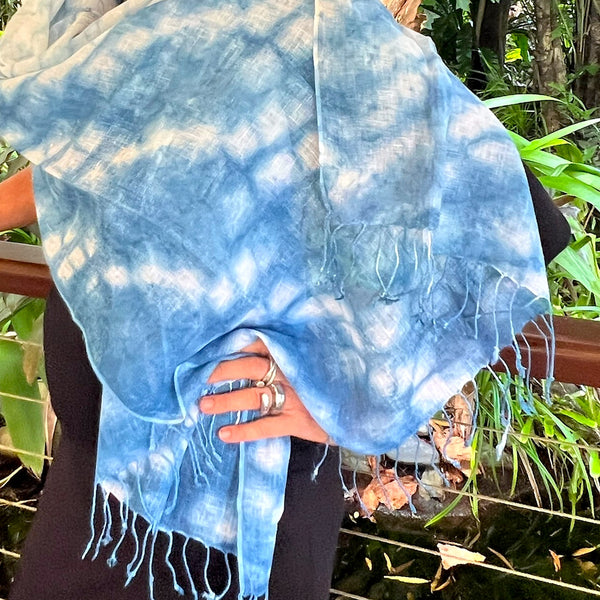 Hand loomed linen indigo scarf in cloud design - Pallu Design