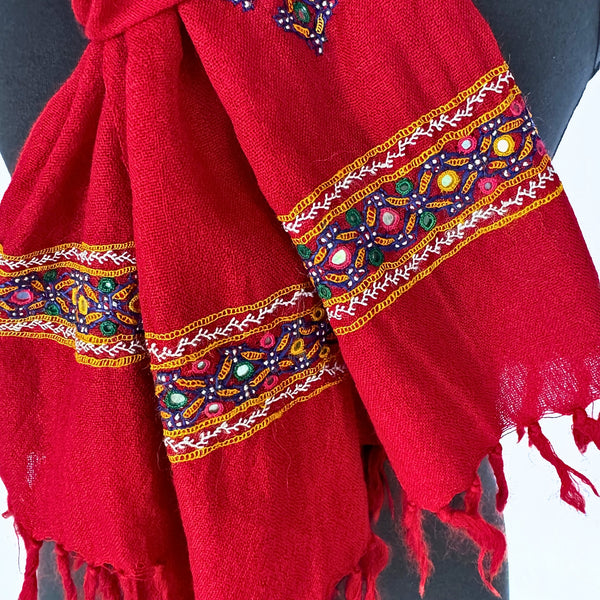 Detail of Woollen ajrakh scarf in reds with embroidery - Pallu Design