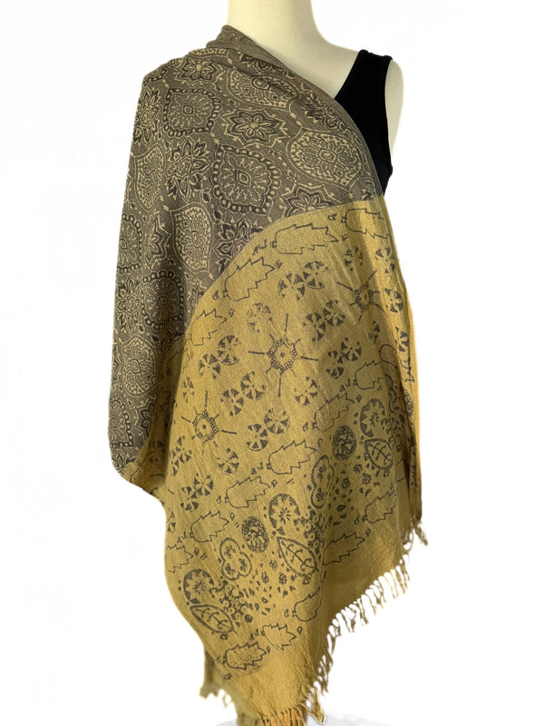 Detail of Wool ajrakh scarf in muted gold and grey - Pallu Design