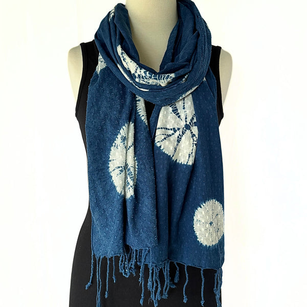 Detail of long indigo dyed shibori cotton scarf with fringe - Pallu Design