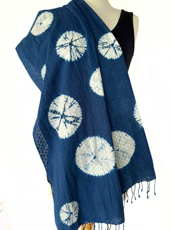 Long indigo dyed shibori cotton scarf with fringe - Pallu Design