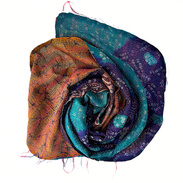 Fringed Kantha Silk sari scarf