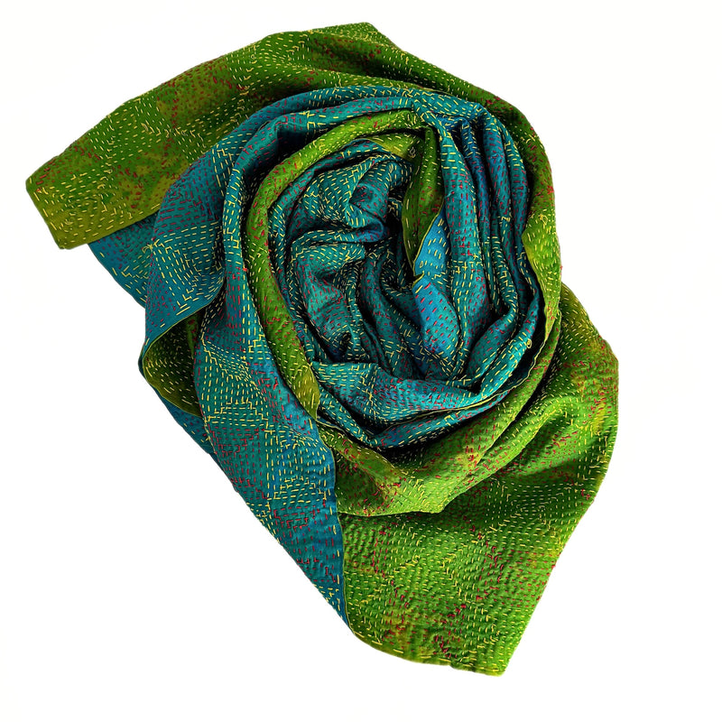 Teal and lime green kantha silk scarf - Pallu design