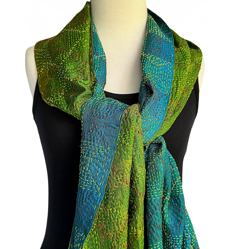 Teal and lime green kantha silk scarf - Pallu design