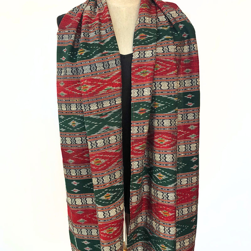 Hand woven ikat cotton scarf with traditional design - Pallu Design