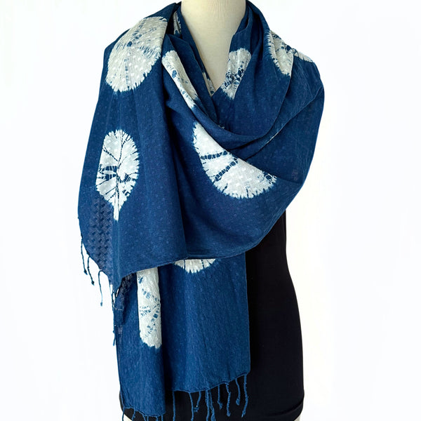 Indigo dyed shibori cotton scarf with fringe - Pallu Design