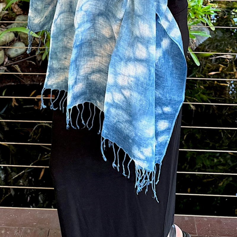 Hand loomed linen indigo scarf in cloud design - Pallu Design