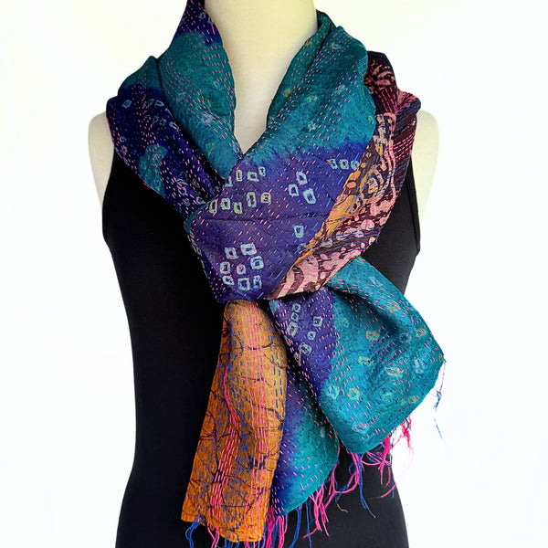 Fringed Kantha Silk sari scarf