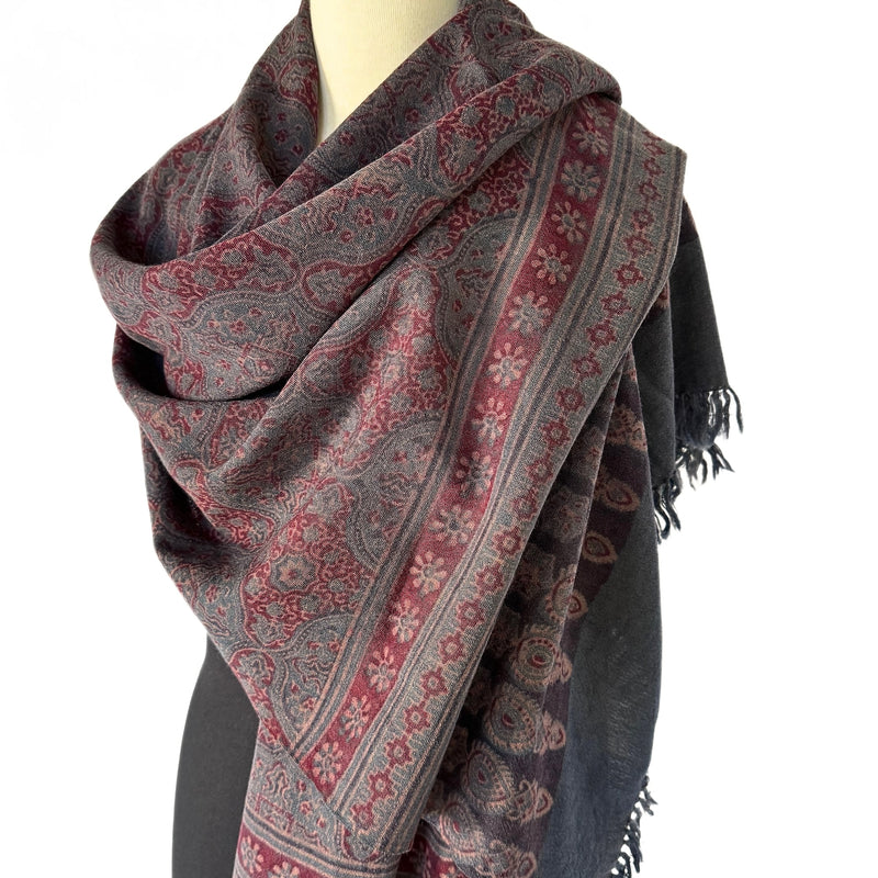 Woollen ajrakh scarf in muted reds and indigo - Pallu Design