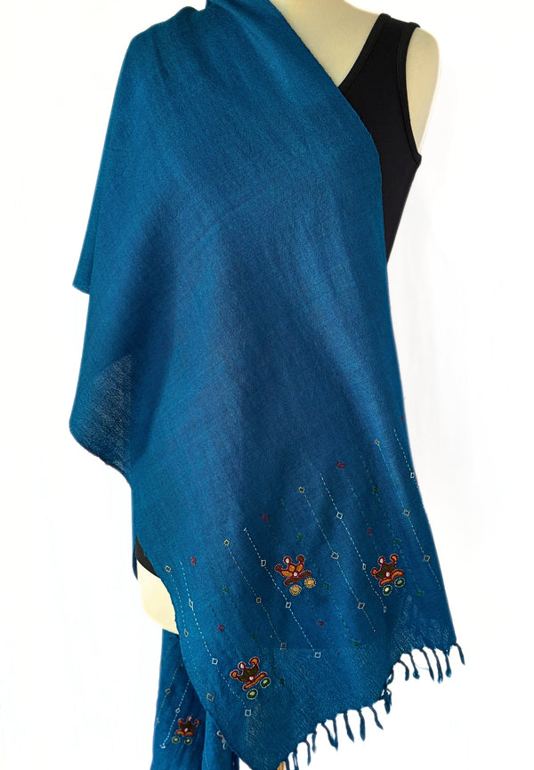 Wool fringed teal scarf with embroidery and mirrors - Pallu Design