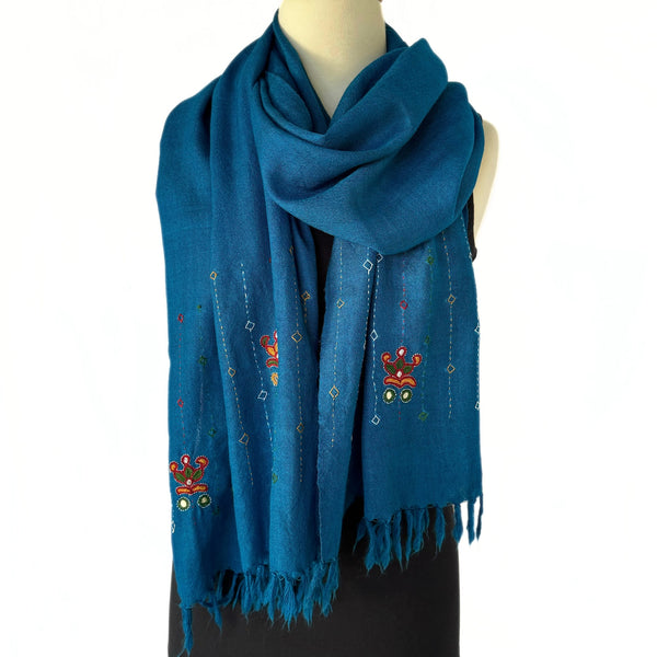 Wool fringed teal scarf with embroidery and mirrors - Pallu Design