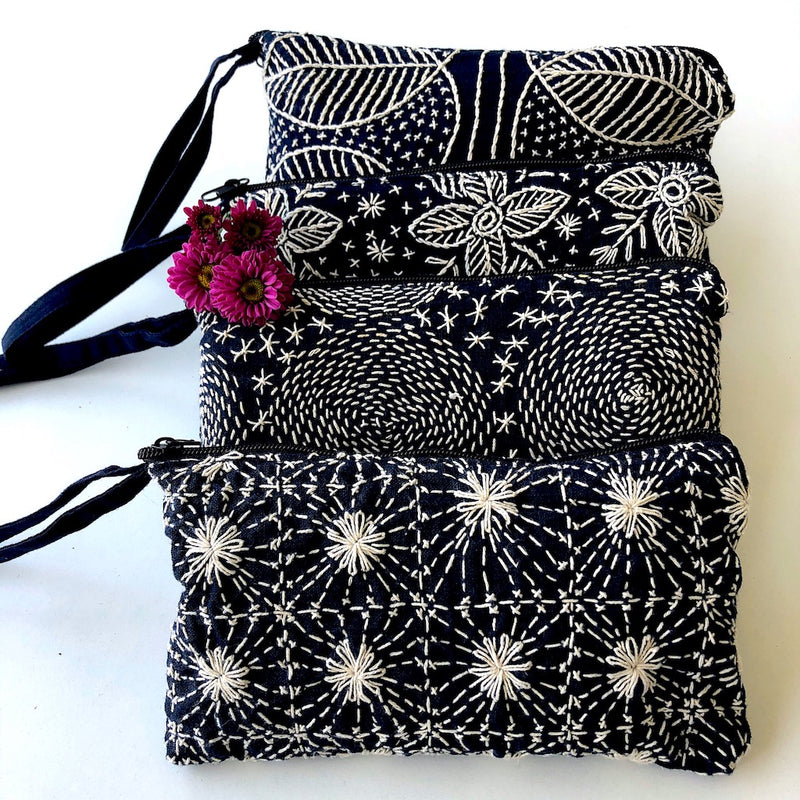 Indigo embroidered Clutch Bag - Hmong fabric wristlet - Pallu Design