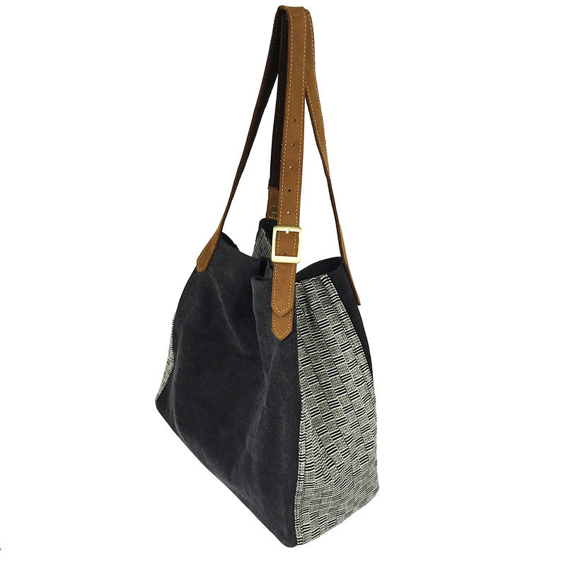 Stone Washed Canvas Tote - Black with handwoven strip - Pallu Design