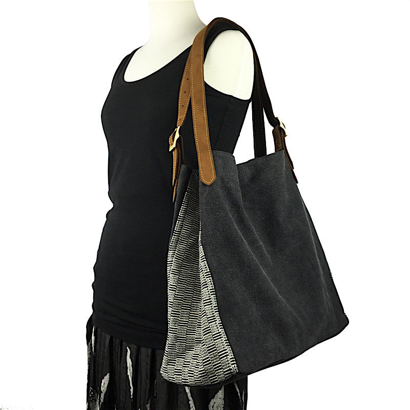 Stone Washed Canvas Tote - Black with handwoven strip - Pallu Design