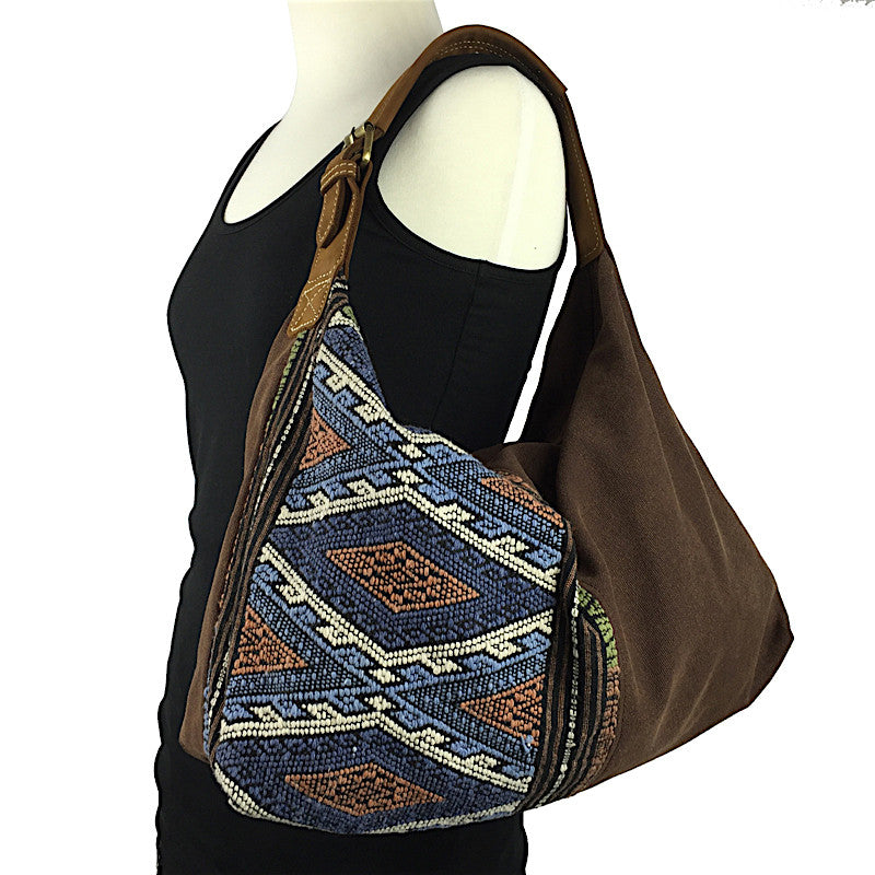 Stone Washed Brown Canvas & Hand Weave Hobo Bag - Pallu Design