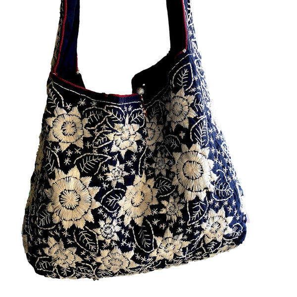 Large Indigo Embroidered Shoulder Bag - Pallu Design