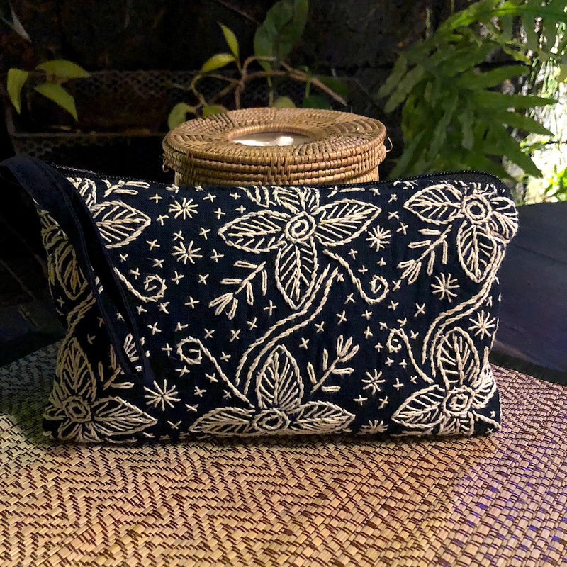 Indigo embroidered Clutch Bag - Hmong fabric wristlet - Pallu Design