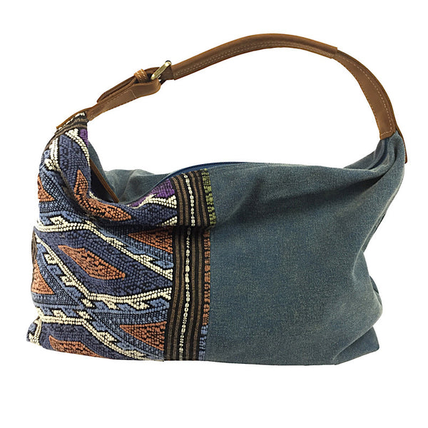 Stone Washed Teal Canvas & Hand Weave Hobo Bag - Pallu Design