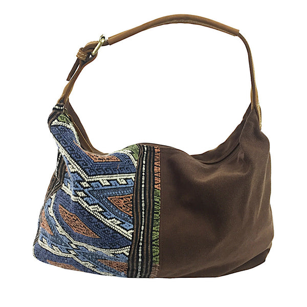 Stone Washed Brown Canvas & Hand Weave Hobo Bag - Pallu Design