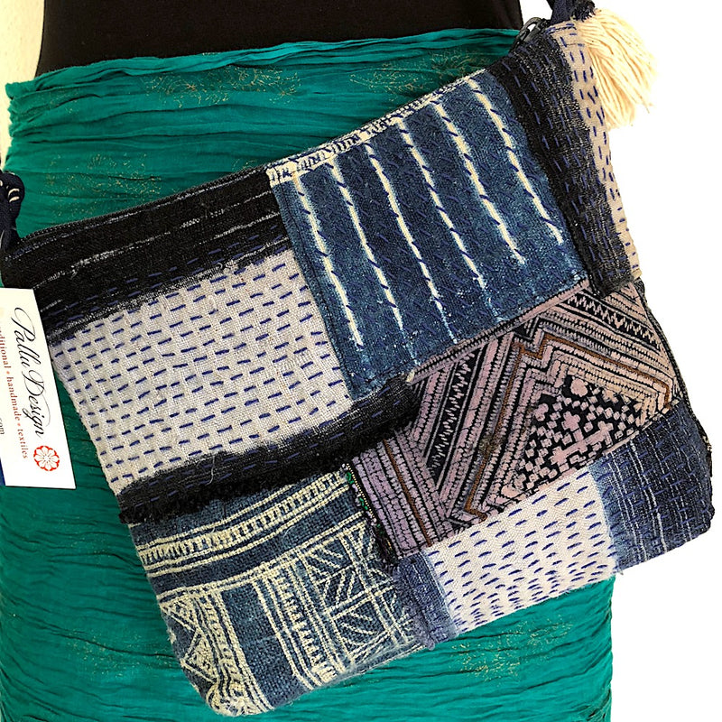 Indigo hemp Boro-Stitched crossbody bag - Pallu Design