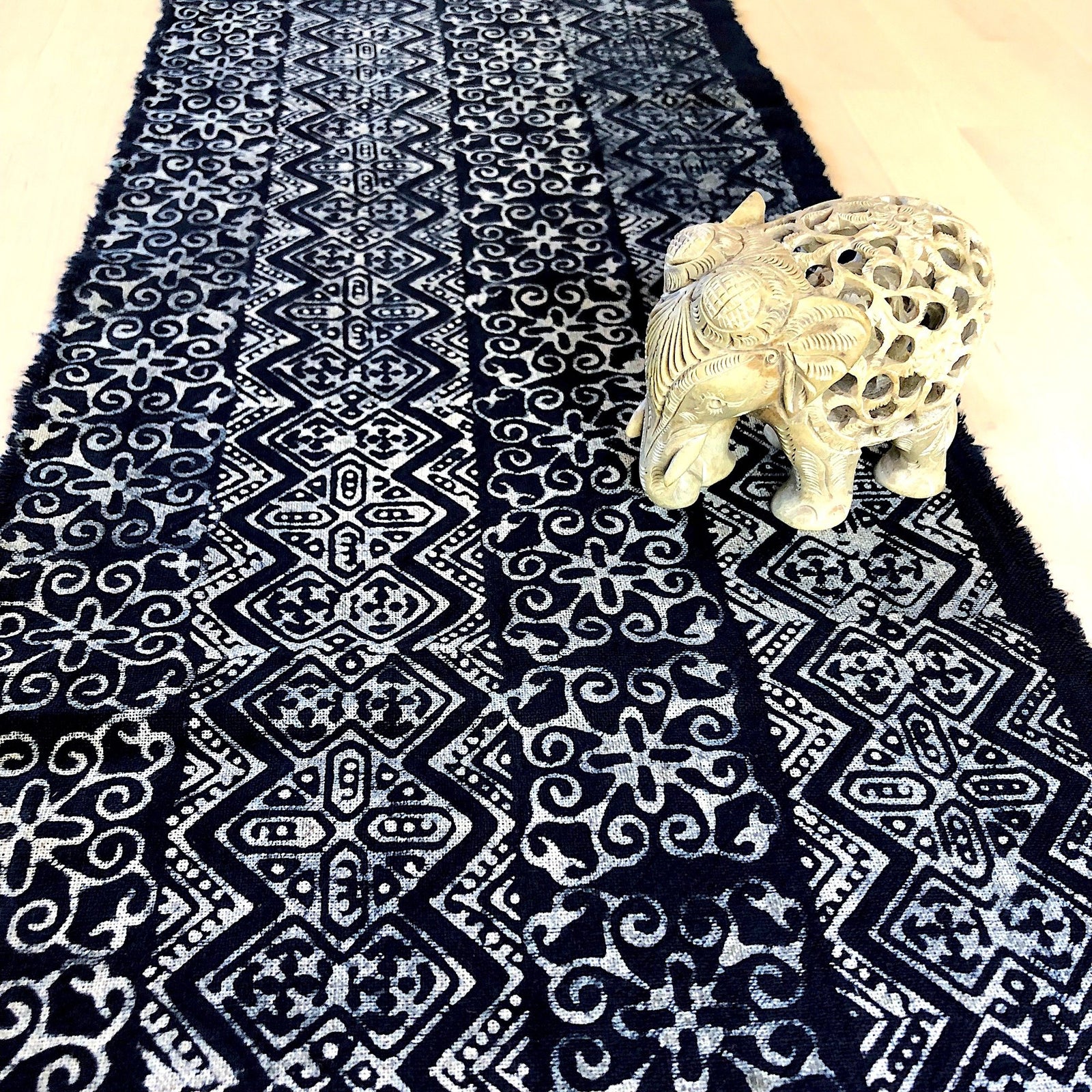 2.30 Meters Long Hmong old cotton Indigo Batik fabric, vintage cotton textiles, indigo cotton Table runner, Hmong skirt 2024 from Thailand(N8)