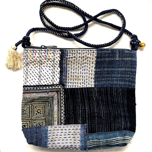 Indigo hemp Boro-Stitched crossbody bag - Pallu Design