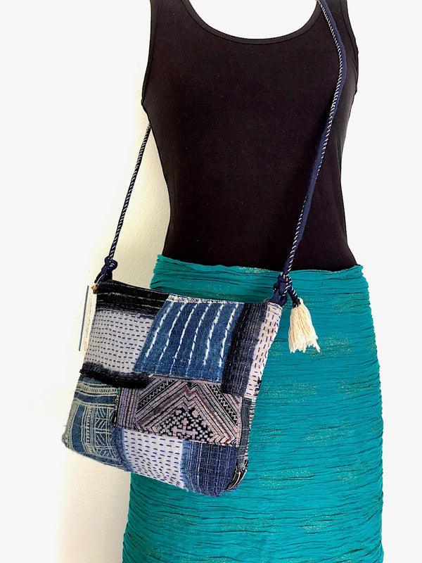 Indigo hemp Boro-Stitched crossbody bag - Pallu Design