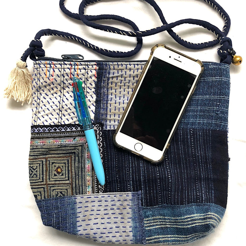 Indigo hemp Boro-Stitched crossbody bag - Pallu Design