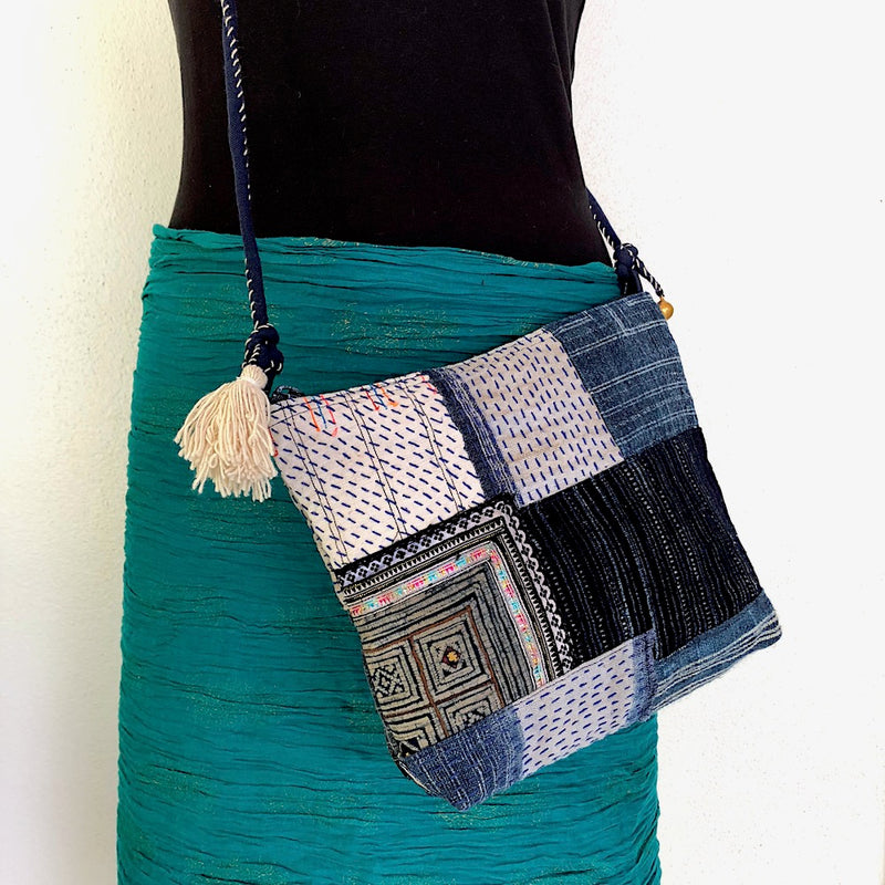 Indigo hemp Boro-Stitched crossbody bag - Pallu Design