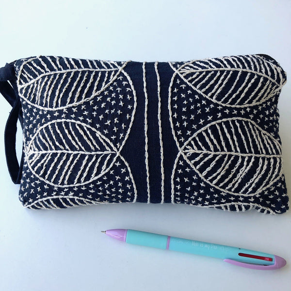 Small Indigo embroidered Clutch Bag - Hmong fabric wristlet - Pallu Design