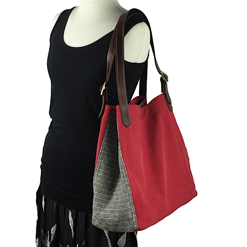 Red Stone Washed Canvas & Weave Tote - Pallu Design