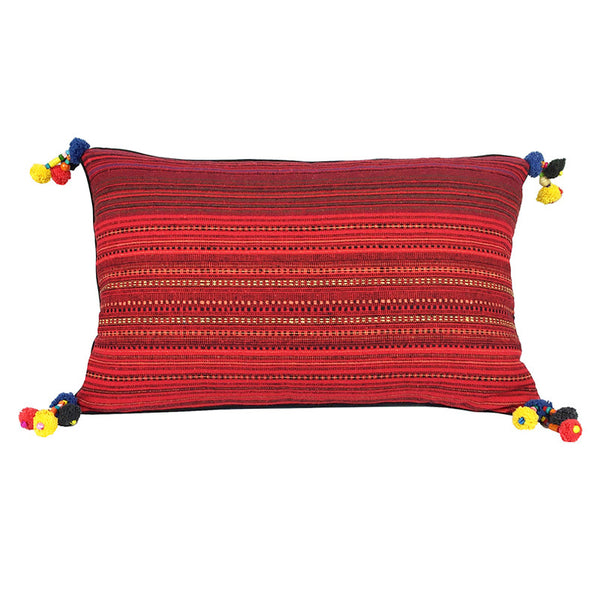 Red Woven Cotton Pom Pom Cushion - Oblong - Pallu Design