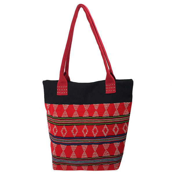 Red and Black Hand Woven & Beaded Bag - Pallu Design