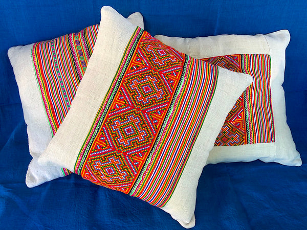 Hemp Cushion with Hmong Embroidered Braid Panel - Pallu Design