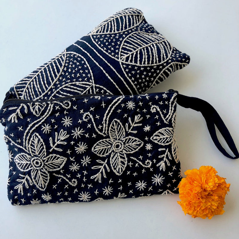 Indigo embroidered Clutch Bag - Hmong fabric wristlet - Pallu Design